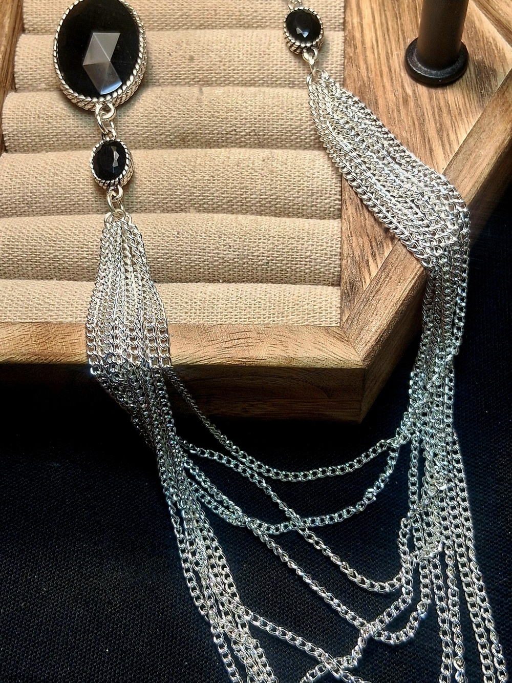 Black Stone & Silver Multi-Strand Tassel Necklace 18"